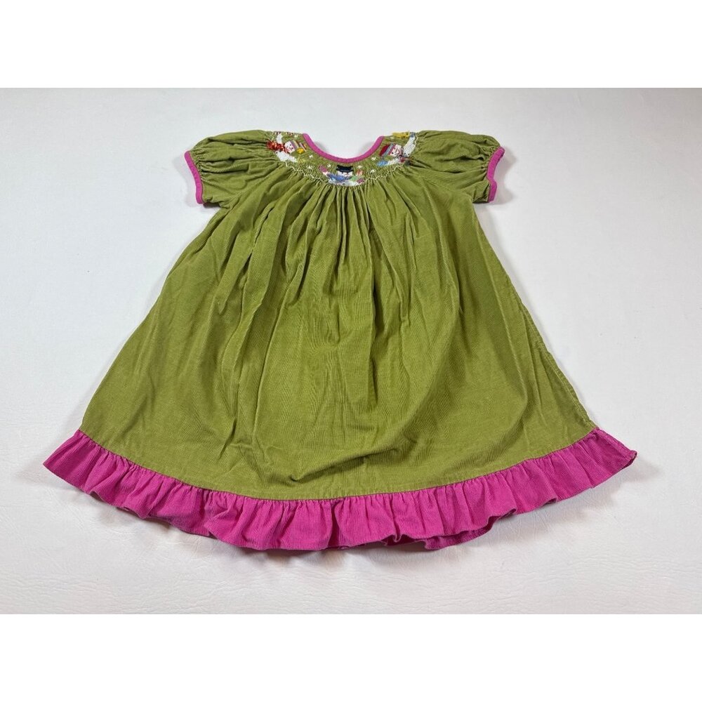 Vive La Fête 24mon Girls Corduroy Dress Green Embroidered Snowmen Winter (LL288)